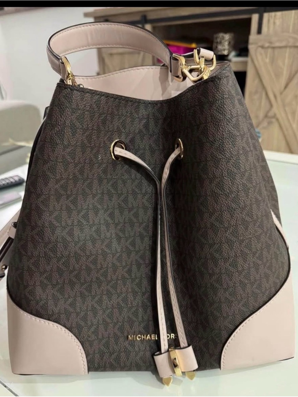 Michael Kors Brown Monogram Drawstring Crossbody with Pale Pink Trim